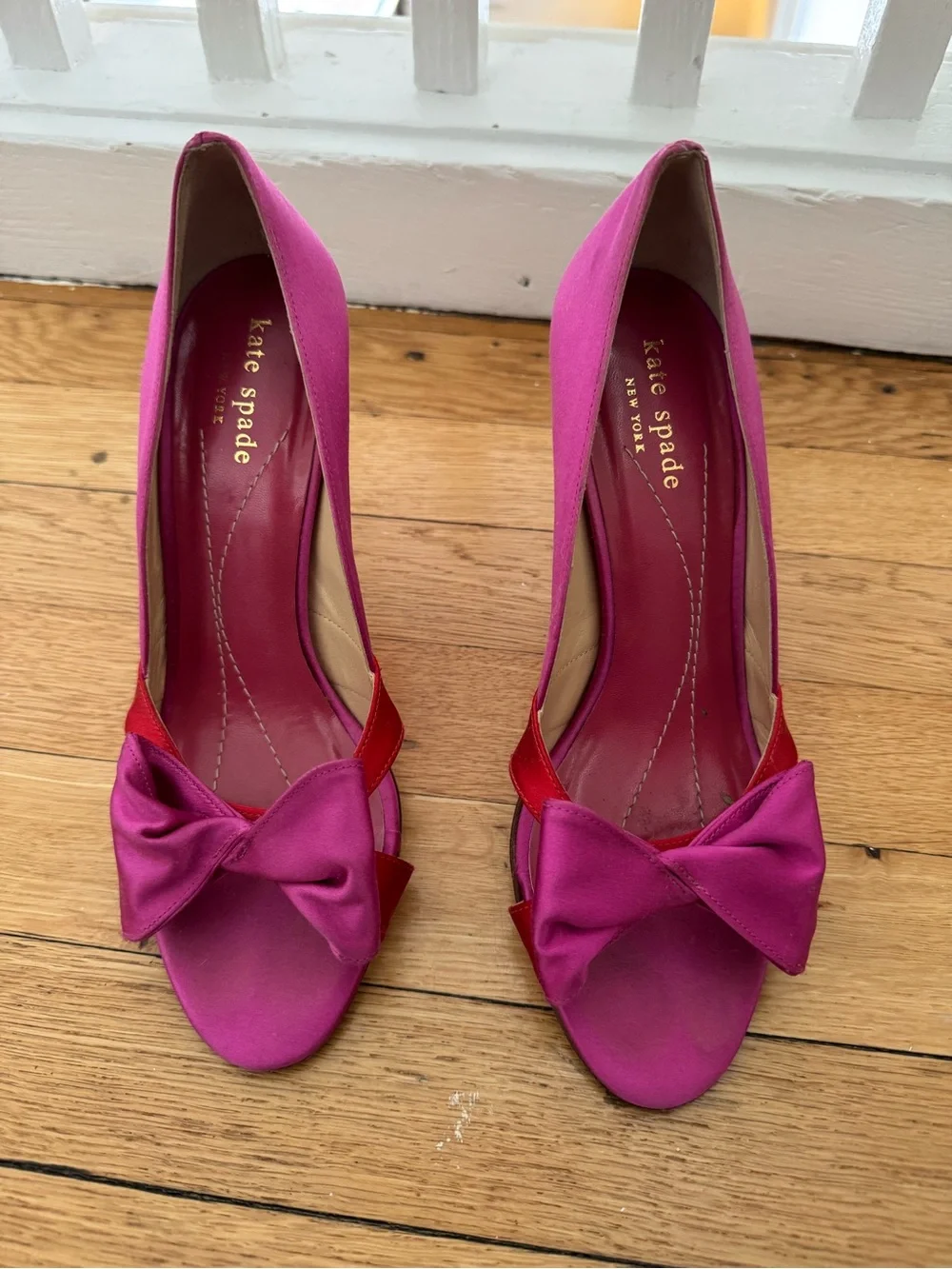 kate spade Pink Satin Bow Peep-Toe Heels with Red Trim